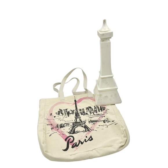Eiffel Tower Paris Canvas Tote Bag Plus 17” Plastic Eiffel Tower Container White - Picture 1 of 15